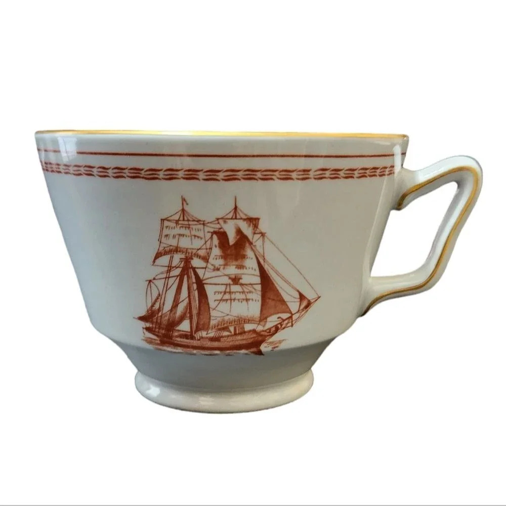 Spode Trade Winds Cup Saucer Red Gold England Fine Stone W128 Design C 1805